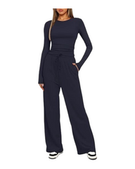 Comfy Ribbed One-Piece Jumpsuit for Women Long Sleeve Round Neck Wide Leg Loungewear