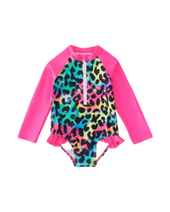 Ruffle Trimmed One-Piece Girls Long Sleeve Sun Protective Rash Guard