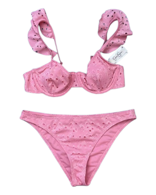 Pink Textured Bikini Bralette and Bottoms Set