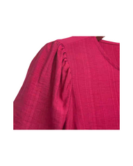 Fuchsia Pink Pleated A-Line Midi Dress with Short Sleeves