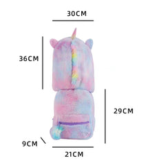 Hooded Plush Rainbow Unicorn School Backpack