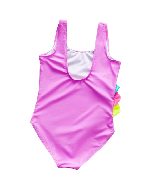 Pink Unicorn Girls One-Piece Swimsuit with Rainbow Ruffles