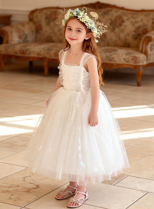 White Flower Girl Dress - Satin A-Line Ball Gown