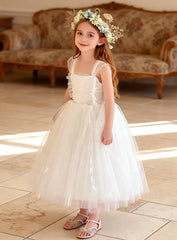 White Flower Girl Dress - Satin A-Line Ball Gown