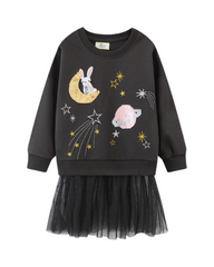 Celestial Planet Print Tutu Dress – Girls Long Sleeve Crewneck