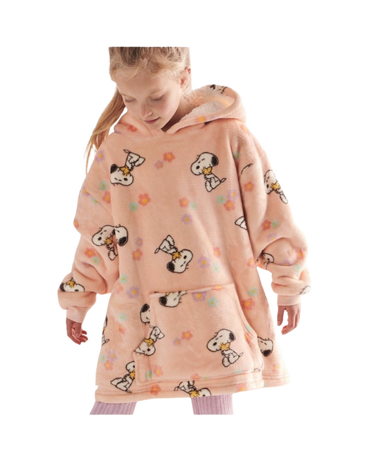 Snoopy Girls Graphic Oversized Fleece Oodie – Soft Cozy Wearable Blanket Hoodie for Kids