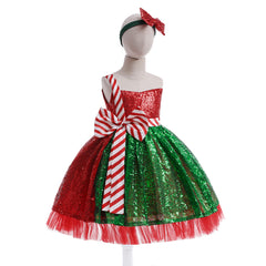 Red and Green Striped Holiday Dress with Matching Headband for Girls