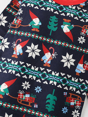Festive Holiday Gnome Print Pajama Set for Kids Featuring Long Sleeves and Cuffs