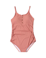 Ribbed Button Front One Piece Swimwear Womens Adjustable Strap Bathing Suit