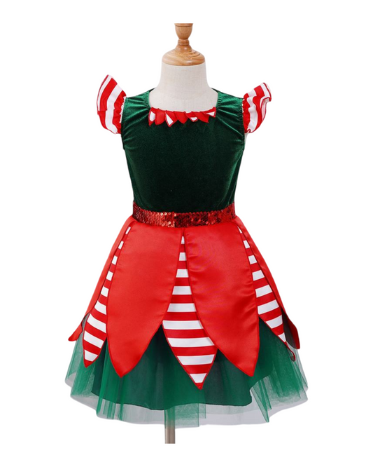 Girls Red and Green Elf Costume Dress with Hat and Striped Sleeves