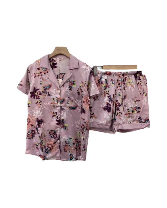 Floral Print Satin Short Sleeve Pajama Set Women Shorty Sleepwear Loungewear