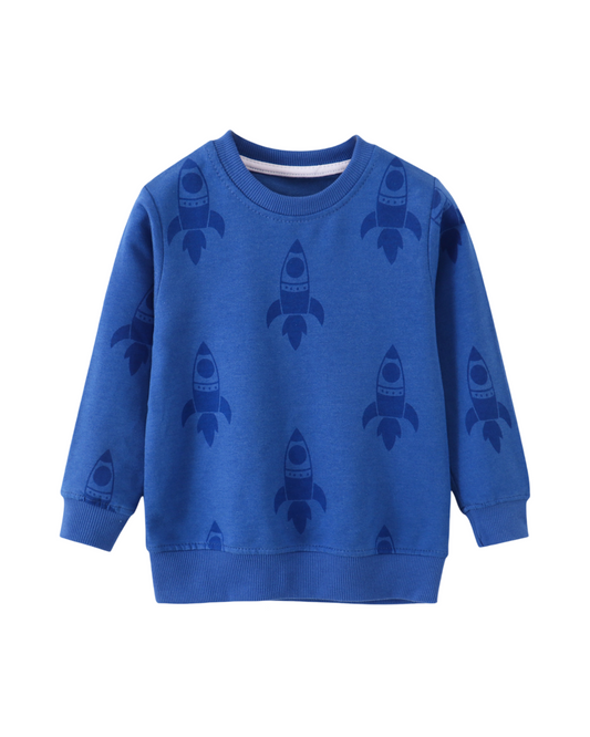 Blue Rocket Ship Printed Cotton Boys Long Sleeve Crewneck Sweatshirt