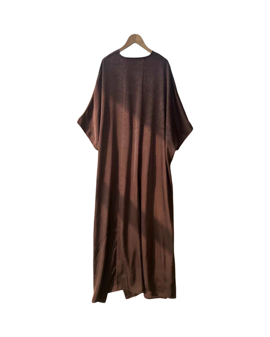 V-Neck Satin Midi Dress - Brown Short Sleeve A-Line Party & Formal Dress