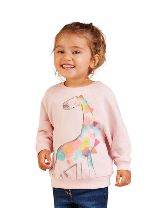 Cotton Long Sleeve Girls Graphic Sweatshirt Dinosaur & Cat Print