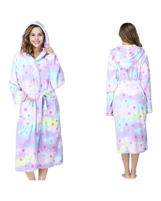Ultra-Soft Hooded Plush Fleece Robe for Women – Warm Printed Long Sleeve Housecoat