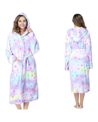 Ultra-Soft Hooded Plush Fleece Robe for Women – Warm Printed Long Sleeve Housecoat