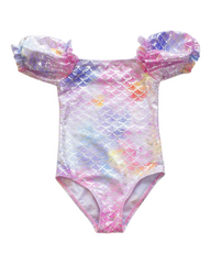 One-Piece Patterned Swimsuit with Puffed Sleeves
