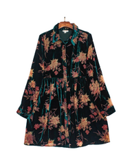 Floral High-Neck Button-Front Swing Coat Dress with Pockets
