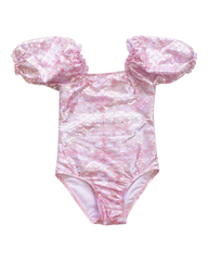 One-Piece Patterned Swimsuit with Puffed Sleeves