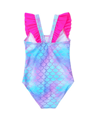 Mermaid Scale Print Girls One-Piece Swimwear with Ruffled Straps