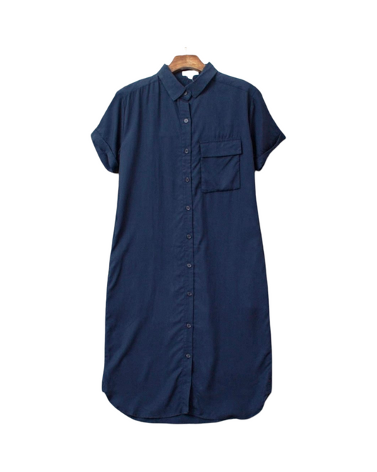 Casual Blue Midi Shirt Dress for Women – Short Sleeve Collared Button-Up Everyday Dress