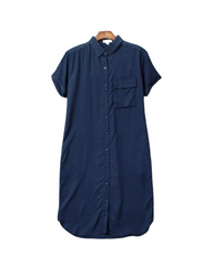 Casual Blue Midi Shirt Dress for Women – Short Sleeve Collared Button-Up Everyday Dress
