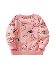 Long Sleeve Dinosaur Print Sweatshirt For Girls Featuring Ribbed Cuffs and Hem